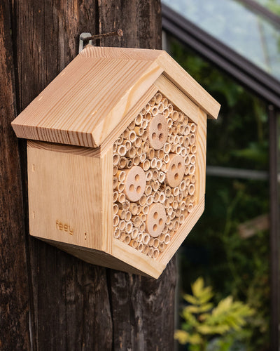 Ein Insektenhotel „Forsisens“ auf einem rustikalen Brett besteht aus einer sechseckigen Holzstruktur mit zahlreichen kleinen Röhren, in denen Wildbienen nisten können, sowie mehreren größeren kreisförmigen Ausschnitten. Der Hintergrund zeigt ein Gebäude mit Glaswänden und grünem Laub, das jedem Garten Charme verleiht.