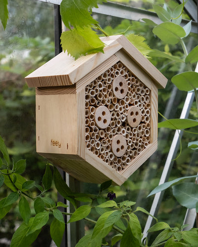 Ein sechseckiges Bienenhaus aus Holz mit kreisförmigen Öffnungen verschiedener Größe ist an einer Glaswand montiert, die von grünen Blattpflanzen umgeben ist. Die natürliche Holzkonstruktion verfügt über ein kleines Dach und den Markennamen „feey“ auf der Seite, was es zu einem idealen Insektenhotel „Forsisens“ für Ihren Garten macht.