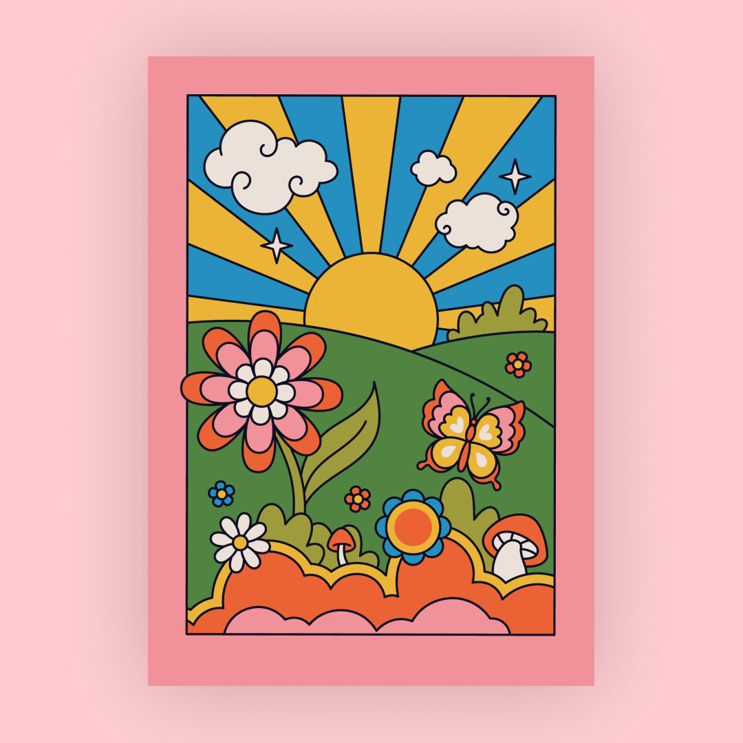 Dankeskarten für Blumensträusse mit einem bunten Retro-Motiv: Sonnenaufgang über grünen Hügeln, Wolken, Sternen, einer großen rosa Blume, Schmetterling, kleinen Blumen und Pilzen im Vordergrund, umrahmt von einem pinken Rand.