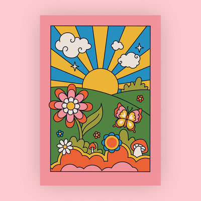 Dankeskarten für Blumensträusse mit einem bunten Retro-Motiv: Sonnenaufgang über grünen Hügeln, Wolken, Sternen, einer großen rosa Blume, Schmetterling, kleinen Blumen und Pilzen im Vordergrund, umrahmt von einem pinken Rand.