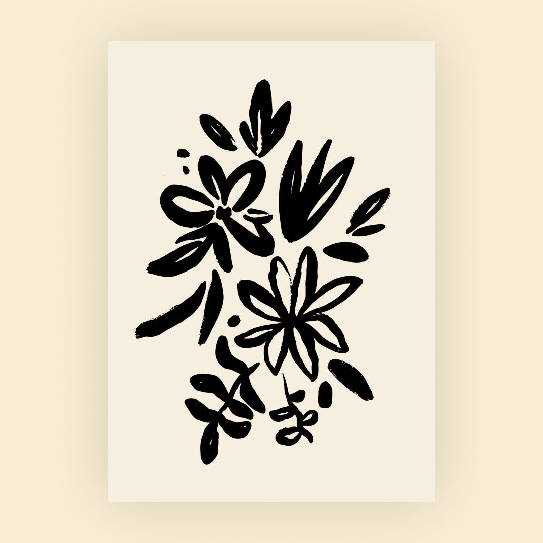Dankeskarten für Blumensträusse mit abstrakter schwarzer Tinten-Blumenillustration auf cremefarbenem Hintergrund - locker gezeichnete Blumen und Blätter in modernem, minimalistischem Stil mit ausdrucksstarken Pinselstrichen.