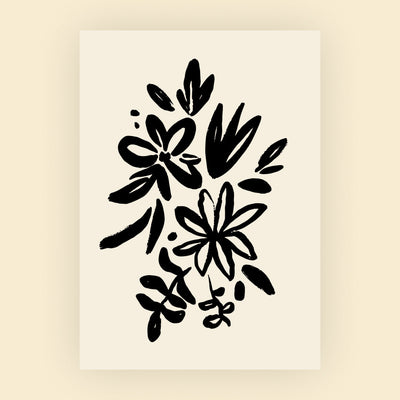 Dankeskarten für Blumensträusse mit abstrakter schwarzer Tinten-Blumenillustration auf cremefarbenem Hintergrund - locker gezeichnete Blumen und Blätter in modernem, minimalistischem Stil mit ausdrucksstarken Pinselstrichen.