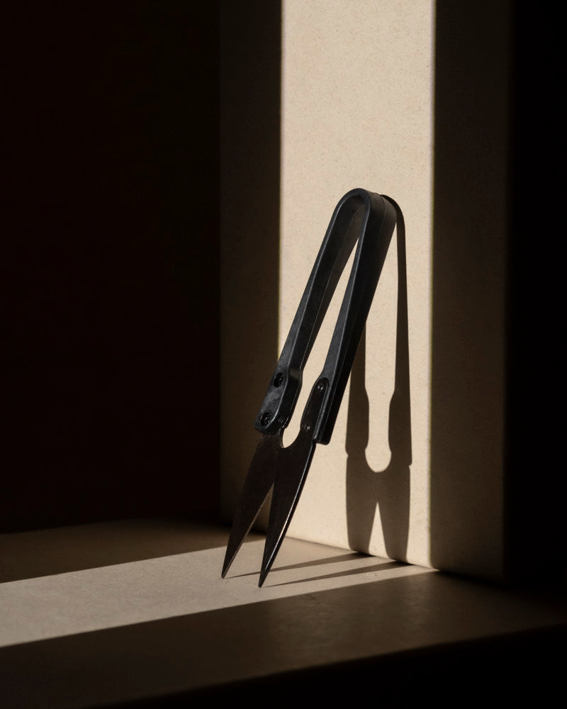 Ein Paar schwarzer kleiner Pflanzenscheren steht aufrecht auf einer beigen Oberfläche und wirft einen kräftigen Schatten auf die dahinterliegende Wand, wobei die dramatische Beleuchtung die starken Kontraste zwischen Hell und Dunkel hervorhebt.