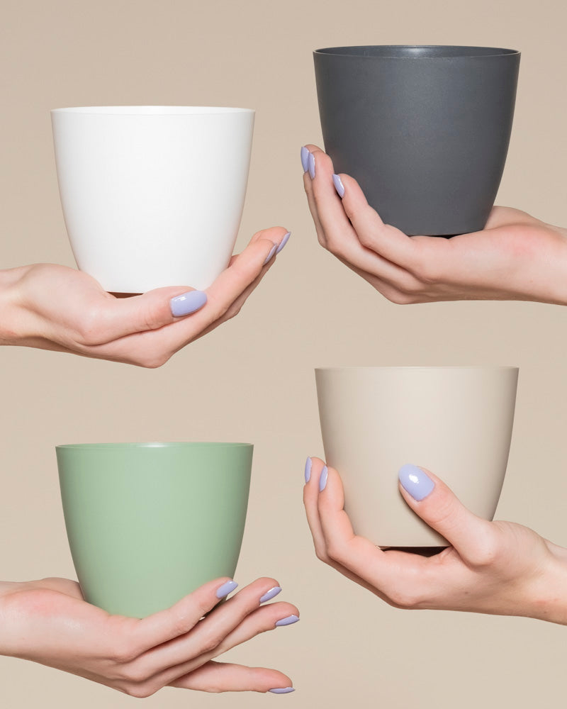 Vier Hände mit zartem lila Nagellack halten den Kunststoff-Topf Kiki (11 cm Ø) in Weiß, Dunkelgrau, Hellgrün und Beige - ideal für deine Pflanzen und ein stilvolles Zuhause, präsentiert vor neutralem, beigem Hintergrund.