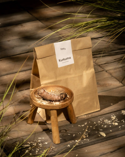 Eine braune Papiertüte mit der Aufschrift „Kurkuma“ liegt auf einem Holzboden und erinnert an die Fülle der Natur. Ein Hocker daneben präsentiert Kurkumawurzel und -späne und rückt dieses Superfood in den Mittelpunkt. Sonnenlicht erwärmt die Szene, während grünes Gras von der Seite hereinscheint.