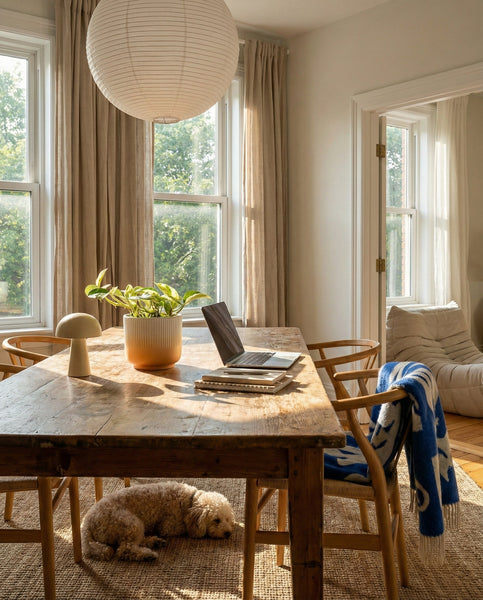 In einem sonnendurchfluteten Esszimmer steht ein rustikaler Holztisch mit einem Laptop, einer Efeutute 'Marble Queen' - Fee und einer Lampe. Vier Holzstühle umgeben den Tisch; ein kleiner Hund ruht auf dem Webteppich. Große Fenster mit beigen Vorhängen füllen den Raum mit Licht.