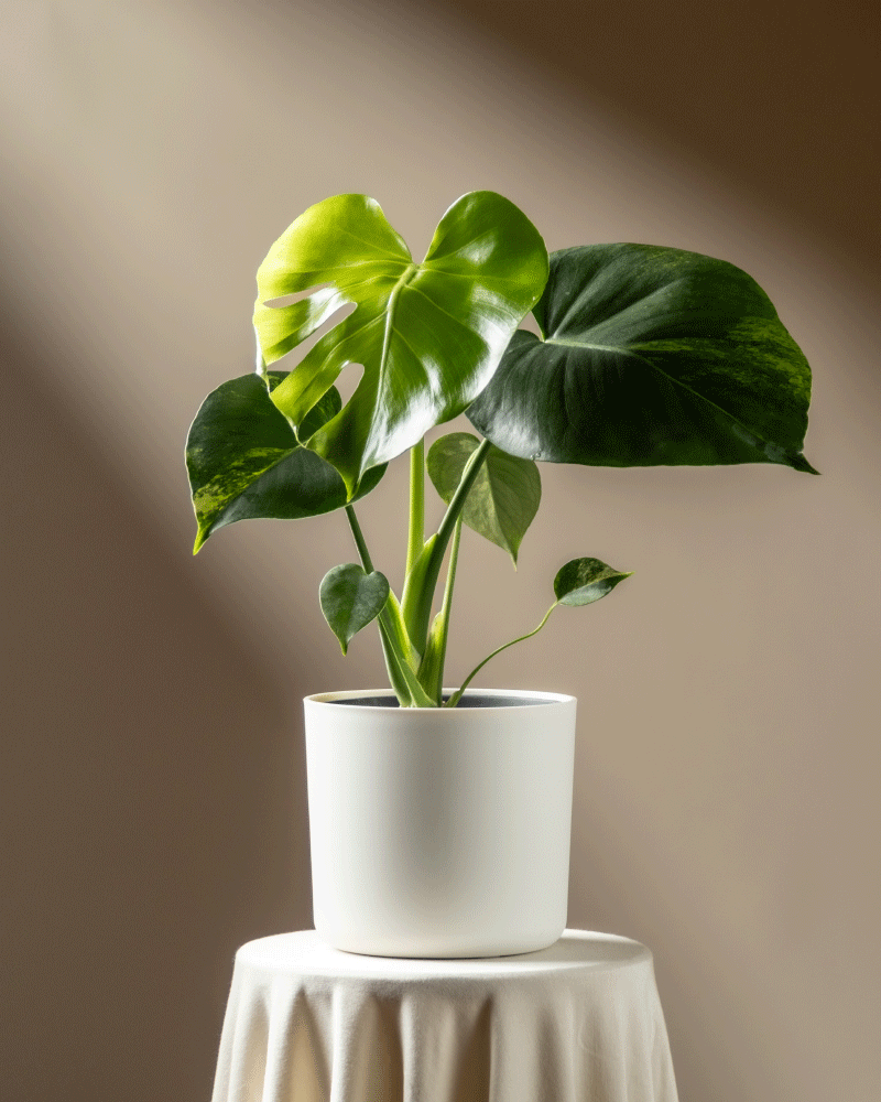 Eine Monstera aurea - Fee mit leuchtenden, glänzenden Blättern sitzt auf einem runden, weiß drapierten Tisch, der vom Sonnenlicht vor einem sanften braunen Hintergrund beleuchtet wird.