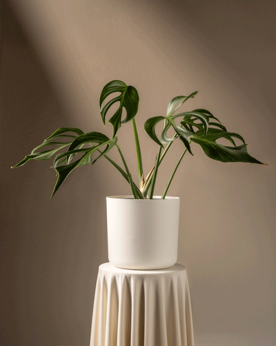 Eine seltene Monstera Burle Marx Flame mit großen, glänzenden Blättern steht in einem weißen Topf auf einem runden, drapierten Sockel. Sanftes Licht betont den satten Grünton der Pflanze und hebt die zarten gespaltenen Blattmuster vor einem gedämpften Hintergrund hervor und zeigt so wahre Pflanzenkenntnis.
