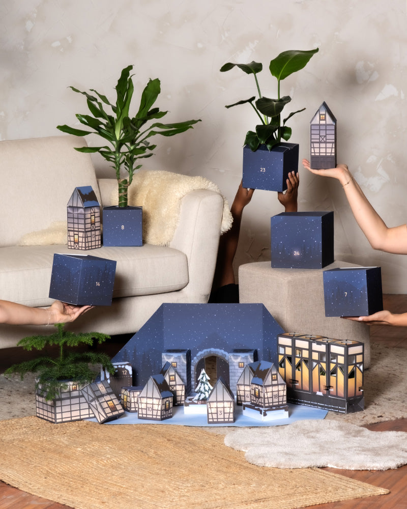 Eine gemütliche Wohnzimmerszene zeigt Hände, die die Pflanzen-Adventskalender-Boxen mit Sternennacht-Motiv halten. Einige dieser Boxen enthalten echte Pflanzen, während andere so angeordnet sind, dass sie ein bezauberndes Winterdorf aus Papphäusern auf einem hellbraunen Teppich bilden. Die friedliche Atmosphäre wird durch einen Plüschsessel und einen Holzboden vervollständigt.