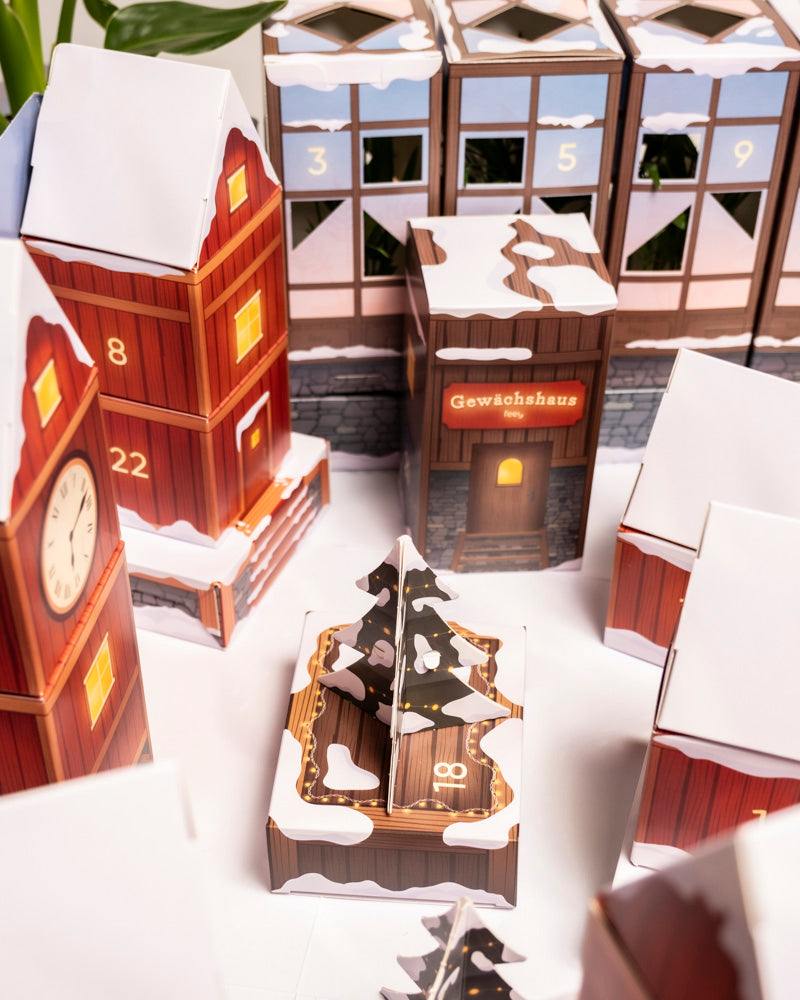Eine festliche Szene mit verschneiten, hausförmigen Kästen mit nummerierten Türen und einem geschmückten Baum in der Mitte bildet ein Pflanzendörfchen im Pflanzen-Adventskalender (Dschungel-Version) für Pflanzenliebhaber.