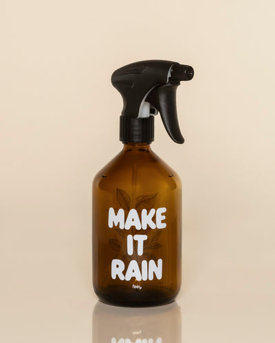 Ein brauner Pflanzensprüher mit einer schwarzen Düse befindet sich auf einer beigen Oberfläche. Auf der Vorderseite der Flasche erscheinen der weiße Text "MAKE IT RAIN" und ein dezentes Blattmotiv.