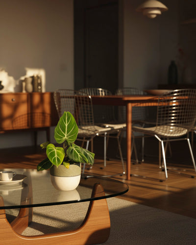 In einem sonnendurchfluteten modernen Wohnzimmer steht ein gläserner Couchtisch mit Philodendron gloriosum - feey mit samtigen Blättern, während im Hintergrund ein hölzerner Esstisch mit Metallstühlen und ein Sideboard stehen.