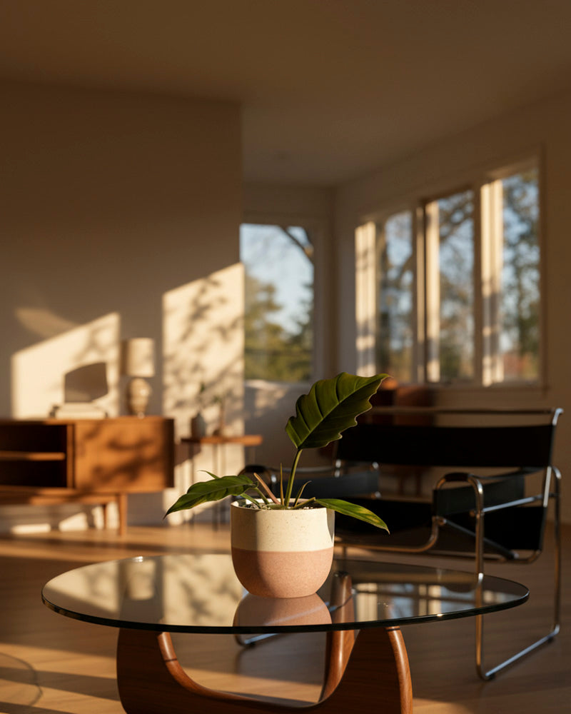 Sonnenlicht strömt in ein modernes Wohnzimmer und wirft Schatten, während ein seltener Philodendron 'Pluto' - feey auf einem runden Glastisch im Vordergrund ruht, umgeben von minimalistischen Möbeln - ein idealer Fokus für jeden Pflanzensammler.