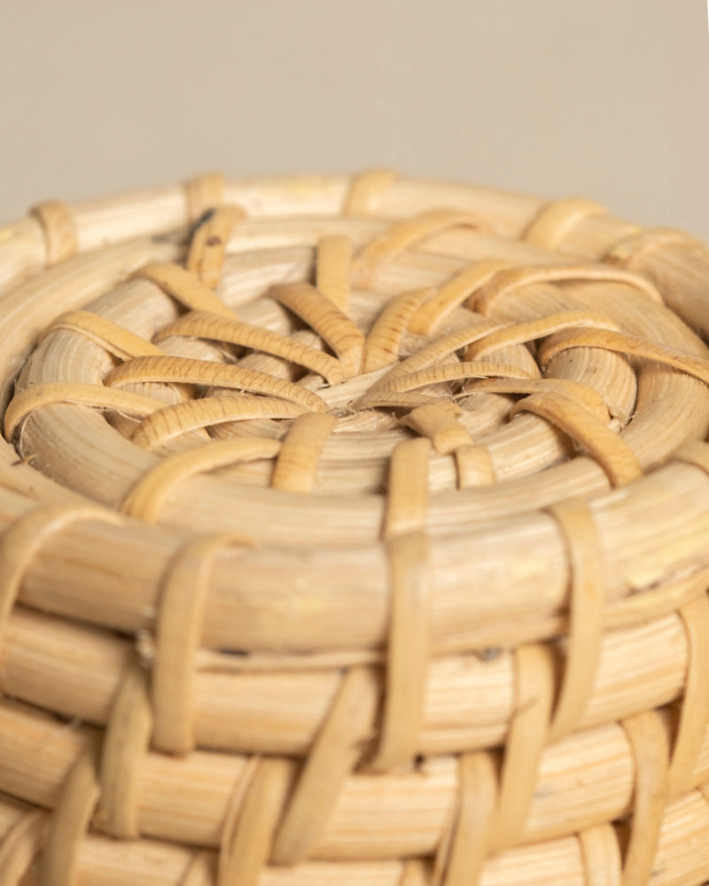 Nahaufnahme des Deckels des handgefertigten Rattan-Babypflanzen-Korbs „Calen“, der aus hellen Naturmaterialien hergestellt ist und das komplizierte Muster und die Textur seiner ineinander verschlungenen Fasern zeigt.