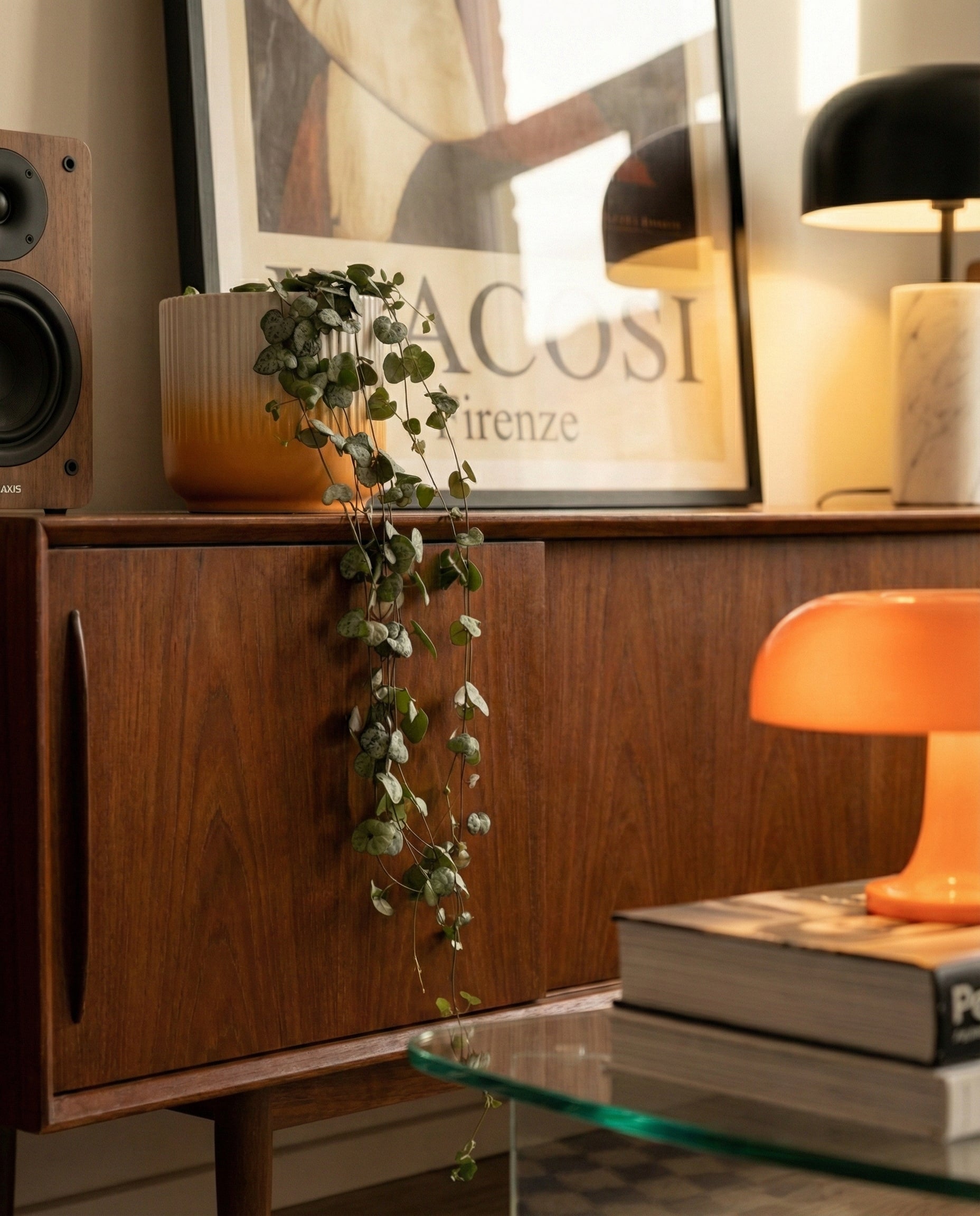 Auf einem hölzernen Sideboard aus der Mitte des Jahrhunderts stehen eine Leuchterpflanze, ein gerahmter Druck, eine schwarze Lampe und eine orangefarbene pilzförmige Lampe. Bücher und ein Glastisch im Vordergrund verleihen dem Wohnbereich Wärme und Stil.
