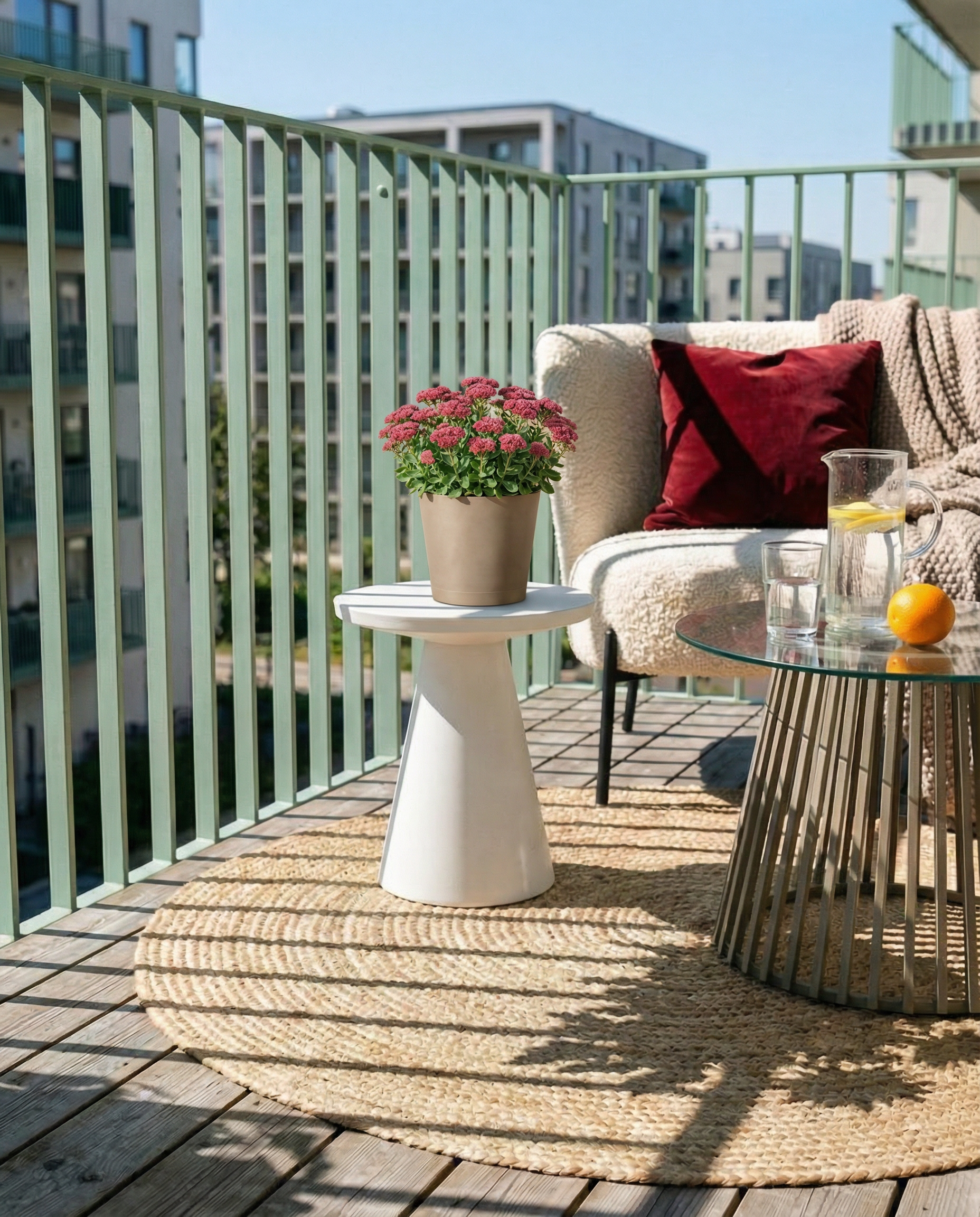 Sonniger Balkon mit einem kleinen runden Tisch mit Getränken und einer Orange, einem gemütlichen Stuhl mit roten und beigen Kissen, einem getopften Sedum (Rosa) auf einem weißen Beistelltisch und einem gewebten Teppich auf einer Holzterrasse. Moderne Gebäude im Hintergrund.