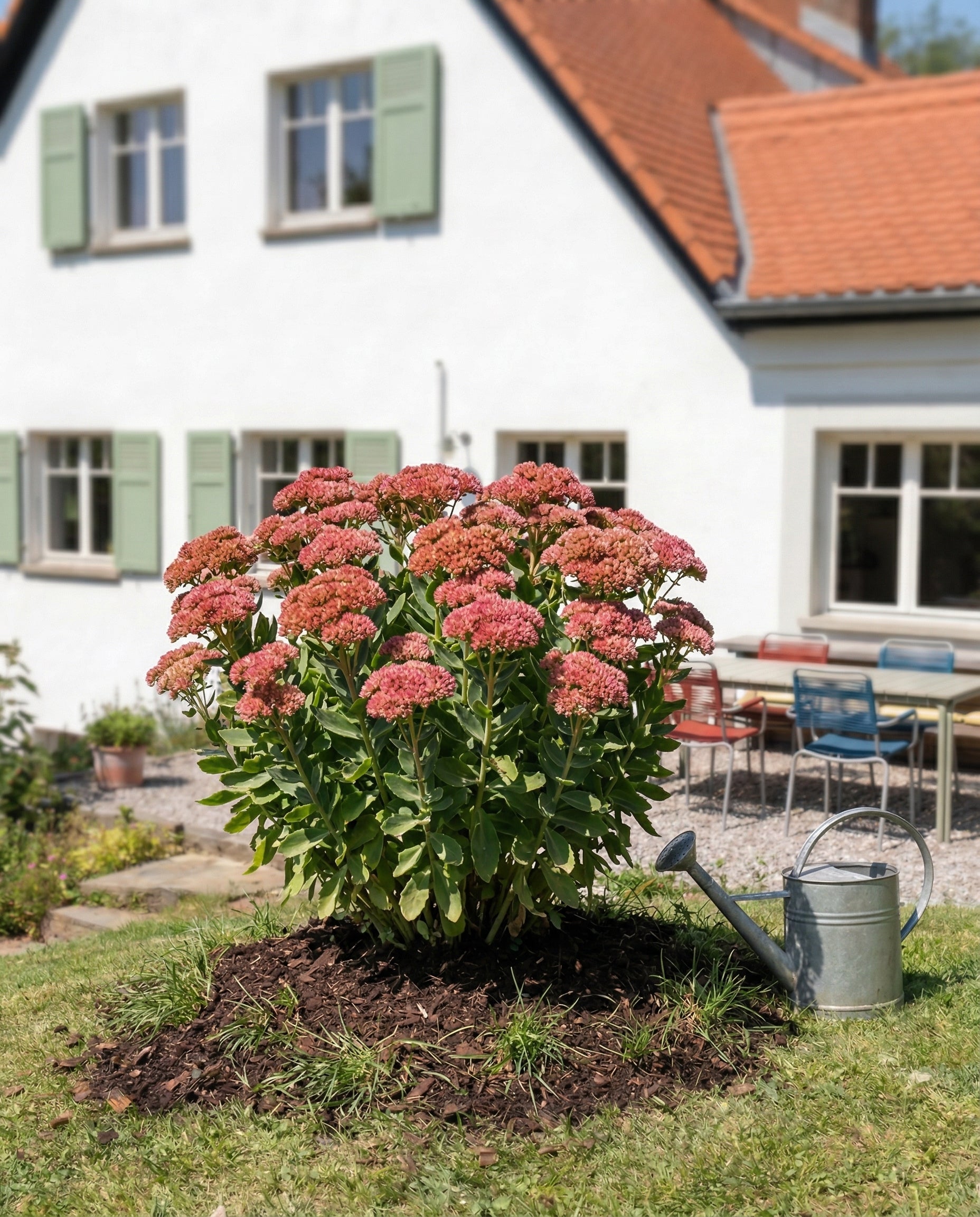 Ein Sedum (Rosa) mit rosa-roten Blütenbüscheln ist vor einem weißen Haus mit grünen Fensterläden gepflanzt. Eine Gießkanne aus Metall steht auf dem Rasen, und auf der Terrasse im Hintergrund stehen Stühle und ein Tisch.