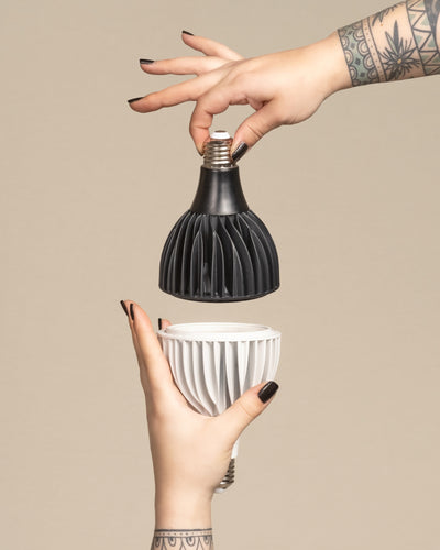 Zwei tätowierte Hände mit schwarzem Nagellack halten eine schwarze Pflanzenlampe über einer passenden weißen Glühbirne vor einem beigen Hintergrund, als wollten sie sie verbinden oder vertauschen.