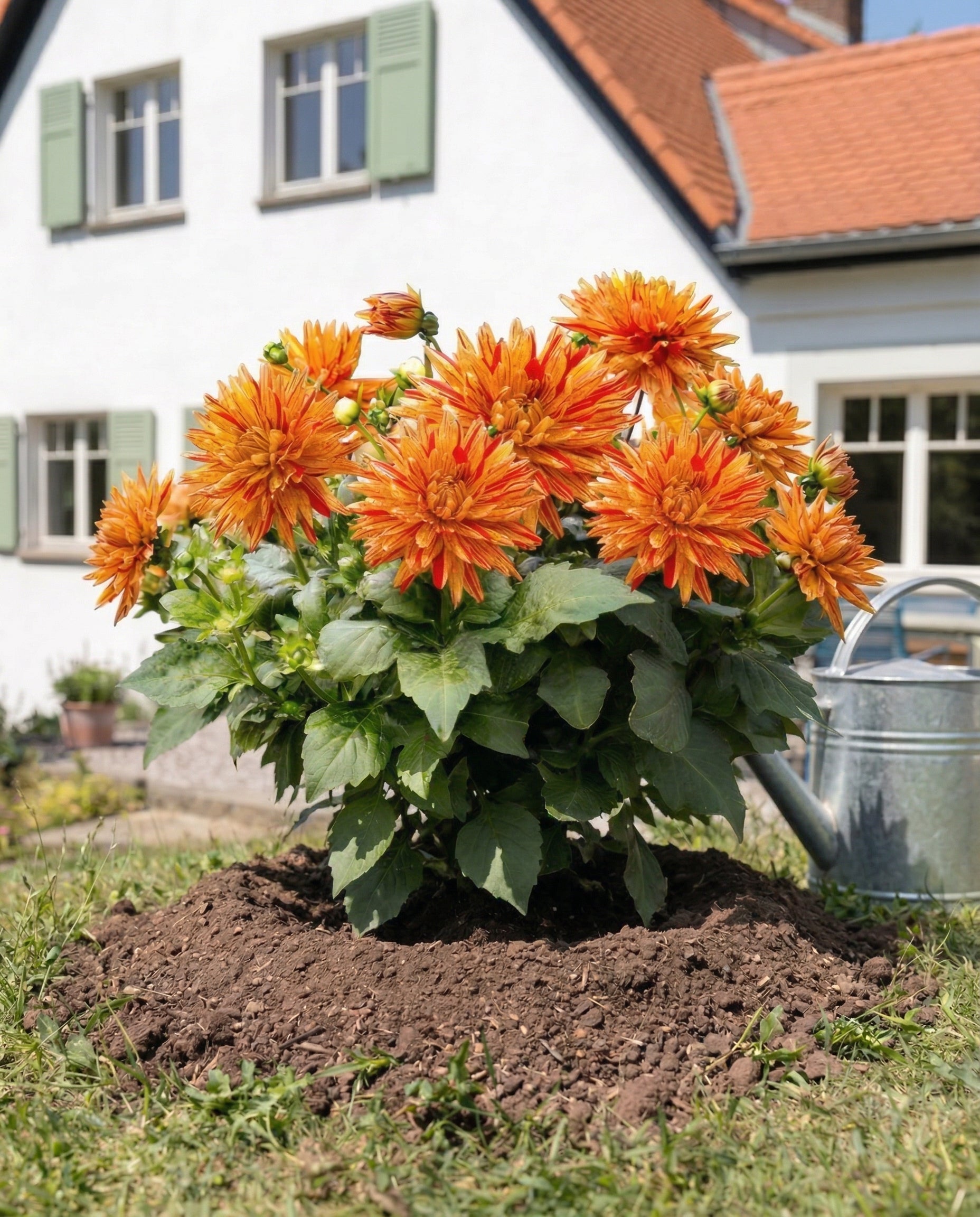 Ein leuchtend gelber Gelber Sonnenhut (Wurzelstock) blüht in einem Gartenbeet vor einem weißen Haus mit grünen Fensterläden und einem roten Ziegeldach. Eine Metallgießkanne in der Nähe sorgt für die perfekte Pflege dieser schönen Staude oder als Balkonpflanze.