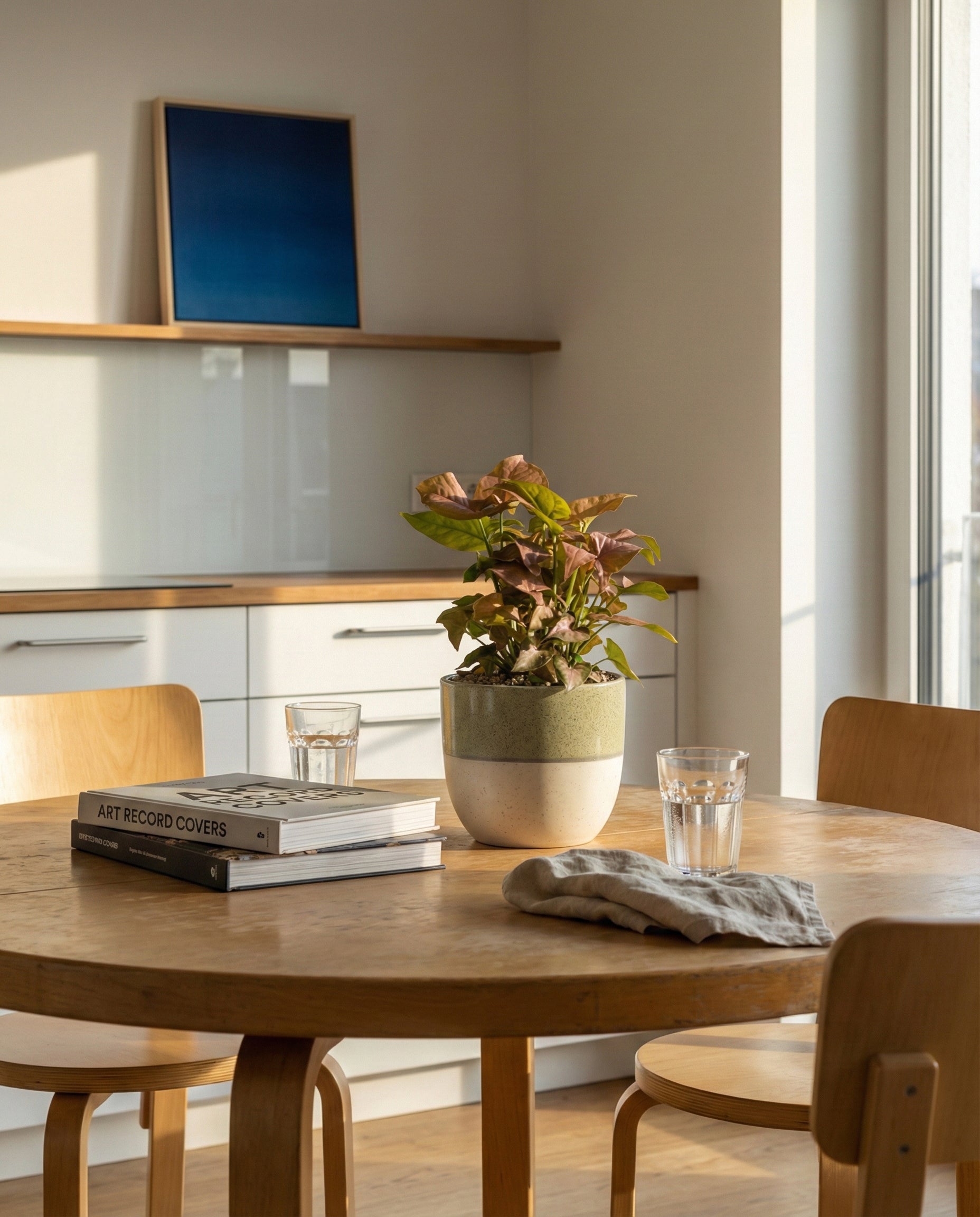 Ein runder Holztisch mit vier Stühlen, eine Syngonium 'Neon' - Fee, zwei Gläser Wasser, ein Stapel Bücher und eine gefaltete Serviette stehen in einer hellen, modernen Küche, in die Sonnenlicht einfällt.