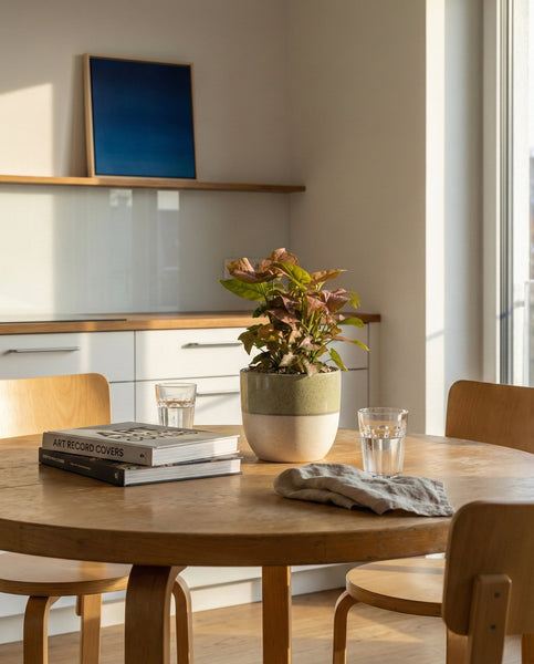 Ein runder Holztisch mit vier Stühlen, eine Syngonium 'Neon' - Fee, zwei Gläser Wasser, ein Stapel Bücher und eine gefaltete Serviette stehen in einer hellen, modernen Küche, in die Sonnenlicht einfällt.