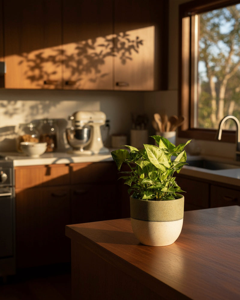 Eine Syngonium 'Pixie' - feey Topfpflanze steht auf einem hölzernen Küchentisch, der in warmes Sonnenlicht getaucht ist, das Schatten auf die Blätter wirft und den gemütlichen Küchenraum aufhellt.