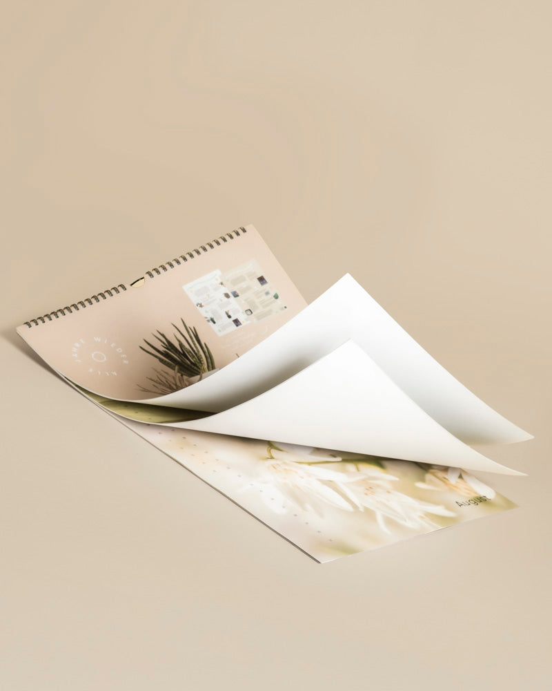 Ein spiralgebundener Pflanzenkalender liegt aufgeschlagen auf einer beigen Oberfläche und zeigt zarte Pastellbilder und ein kompaktes Monatskalendarium. Die gewellten Seiten zeigen Blumen- und Pflanzenmotive - ein ideales Geschenk für Pflanzenfans.