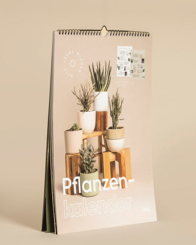 Der "Pflanzenkalender" ist ein pflanzenthematischer, immerwährender Kalender mit Topfpflanzen auf Holzklötzen vor einem beigen Hintergrund. Spiralgebunden und aufrecht - ein ideales Geschenk für Pflanzenfans.