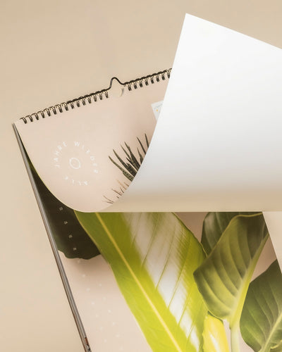 Eine Nahaufnahme eines spiralgebundenen Pflanzenkalenders, bei dem eine Seite umgeschlagen wird. Auf dem sichtbaren Blatt sind grüne Blätter tropischer Pflanzen zu sehen - ein ideales Geschenk für Pflanzenliebhaber, die gerne stilvoll dekorieren.