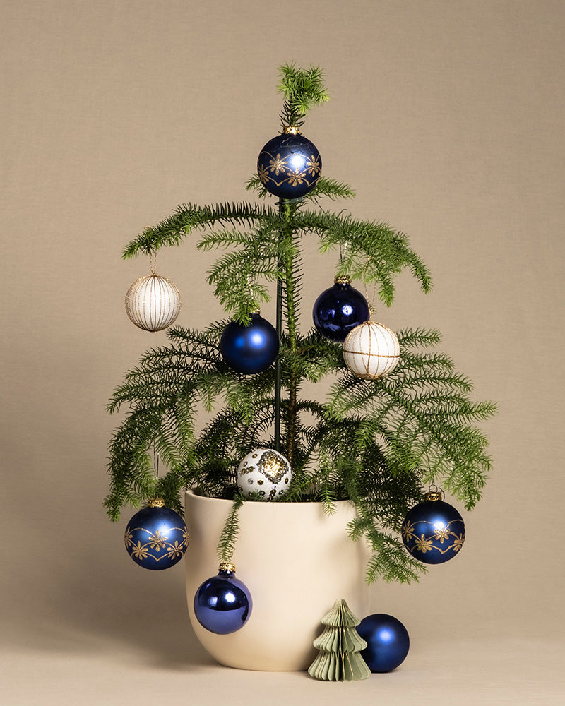  Weihnachtsbaum im Topf geschmückt mit Weihnachtskugeln