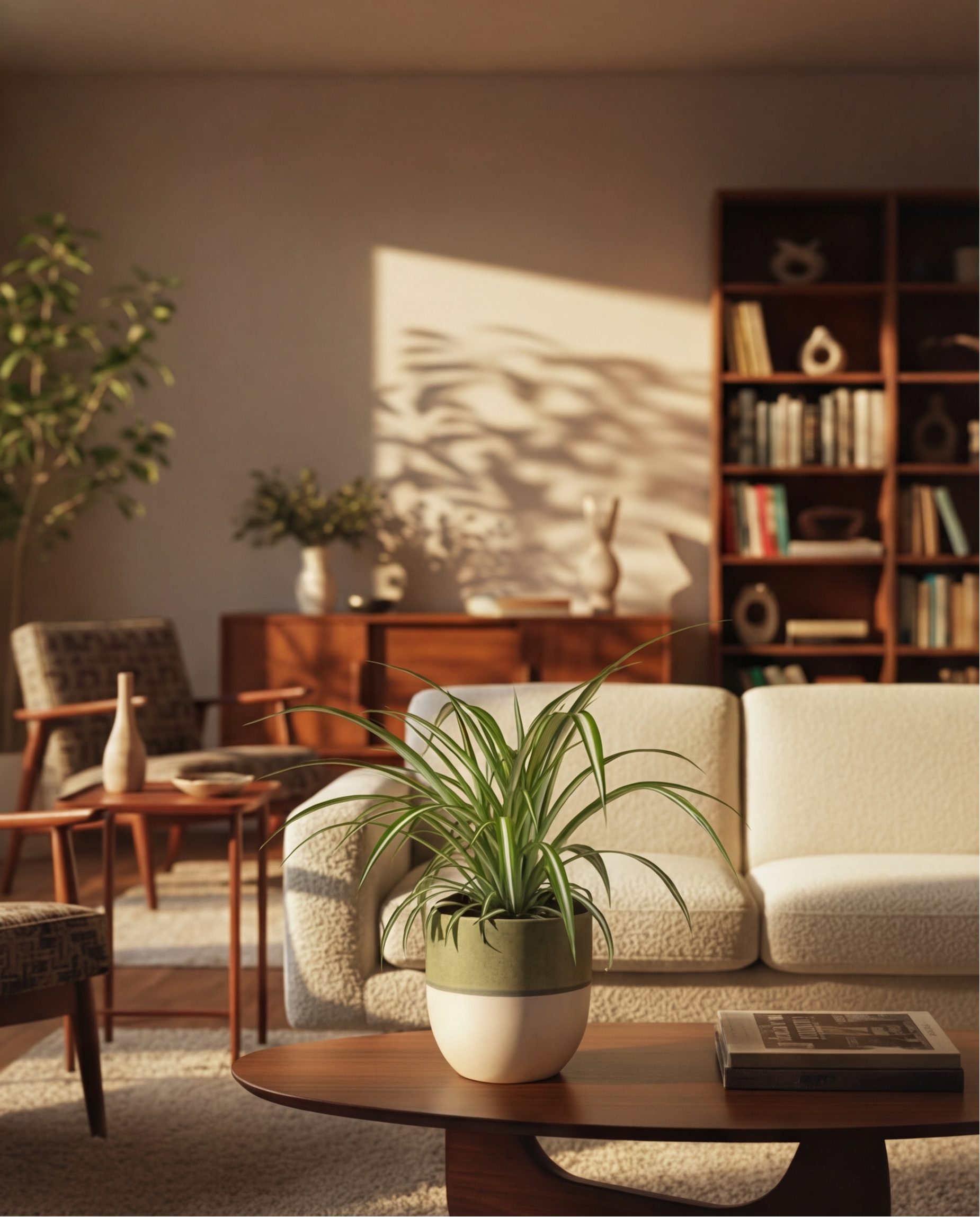 Ein sonnendurchflutetes Wohnzimmer mit einem beigen Sofa, einem Couchtisch aus Holz mit einer getopften Grünlilie, modernen Möbeln aus der Mitte des Jahrhunderts, Bücherregalen und Zimmerpflanzen schafft eine gemütliche, einladende Atmosphäre.