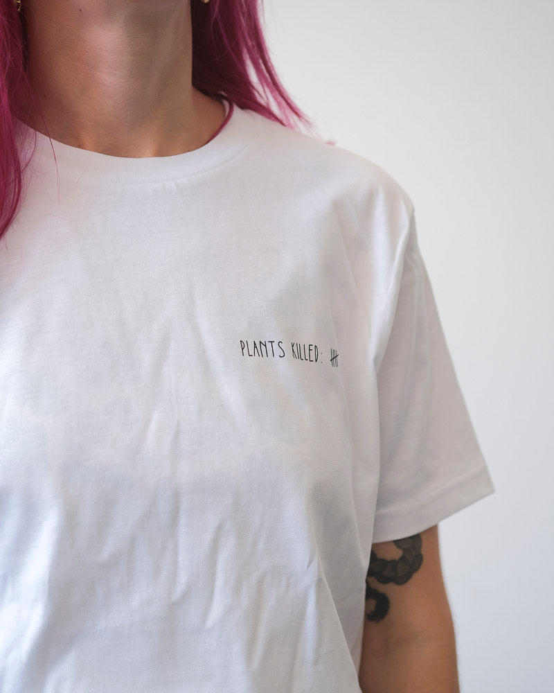 Weißes T-Shirt mit dem Aufdruck «Plants Killed».