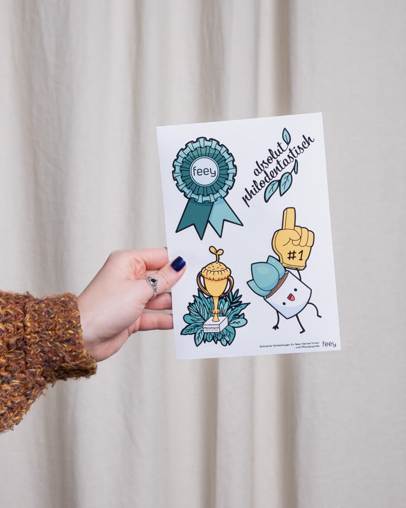 Der Quiz-Stickerbogen von feey wird hochgehalten.