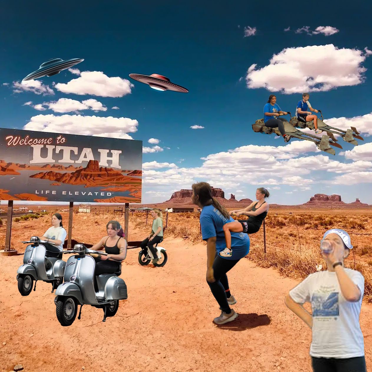 Kreativ zusammengestellte Collage mit verschiedenen Personen in einer Wüste als Hintergrund.